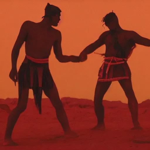 Prompt: cinematic still of silhouettes of two men fighting in ancient Canaanite clothing, wrestling, knife, middle eastern field background, red hues, directed by Russell Mulcahy