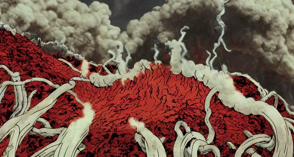 Prompt: a volcano made of ivory vines and crimson rocks enters in eruption, it spits a smoke in the shape of demonic eye, from Berserk