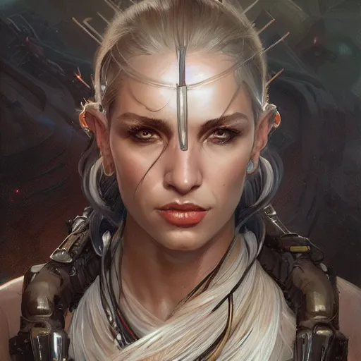 Image similar to scifi character portrait Painting of a futuristic pirate, dystopian mood, intricate, wild, highly detailed, digital painting, artstation, concept art, smooth, sharp focus, illustration, art by artgerm and greg rutkowski and alphonse mucha