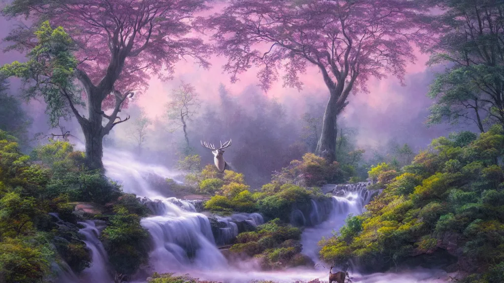 Prompt: the most beautiful panoramic landscape, oil painting, where a giant dreamy waterfall creates a river, the trees around are starting to bloom in pink, purple and yellow colors, a majestic deer is in close - up and it is under a giant tree while it is exhaling steam, the ray lights of the sunrise are brightening him, by greg rutkowski