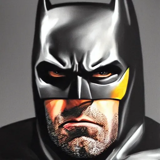 Image similar to An ultra-realistic portrait painting of Ben Affleck's Batman in the style of Frank Frazetta. 4K. Ultra-realistic. Highly detailed. Dark fantasy. Epic lighting.