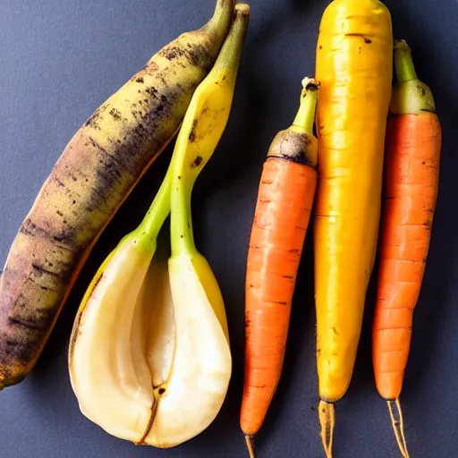 Prompt: a peeled banana with a carrot on the inside, 8k, food photography