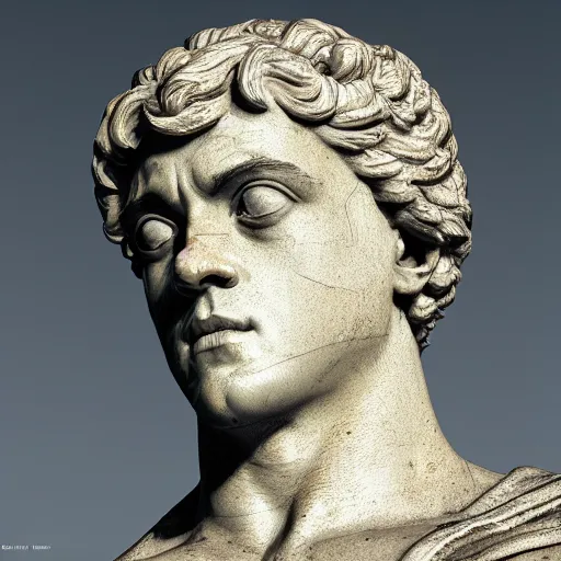 Image similar to rami malek as marble statue of ancient roman emperor, created by michelangelo, museum photoshot, 3 d photorealistic render, high resolution, 8 k