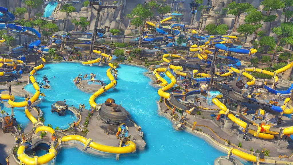 Prompt: Screenshot from Overwatch, at a water park