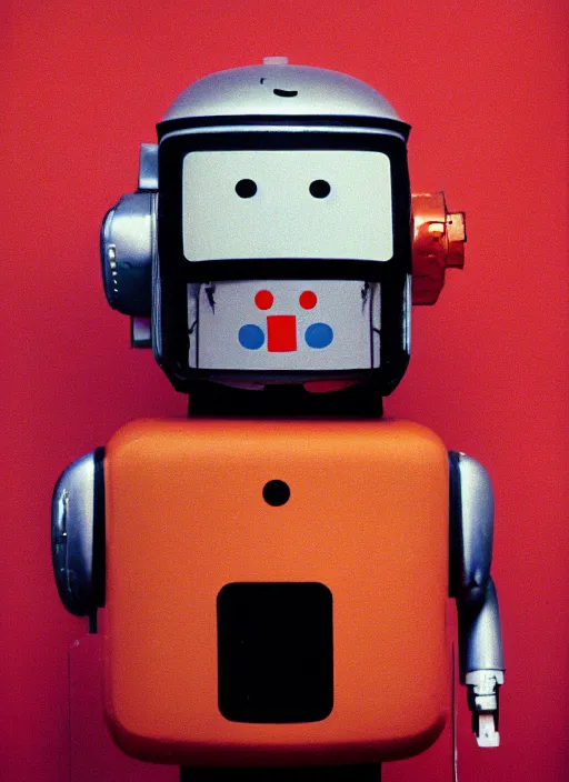 Prompt: a portrait photograph of a robot head designed by douglas coupland, 3 5 mm, color film camera,