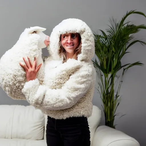 Prompt: woman in a sheep costume, in a living room, ambient light