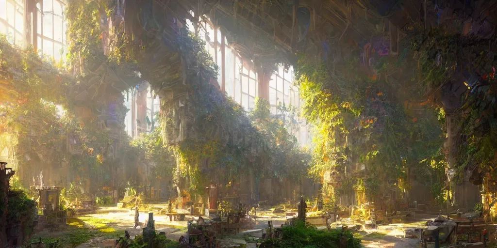 Prompt: a fantasy solarpunk building interior, landscape illustration by greg rutkowski, bright sunlight, sun glints, vivid and colorful trees and plants and flowers, smooth digital concept art, 4 k, trending on artstation