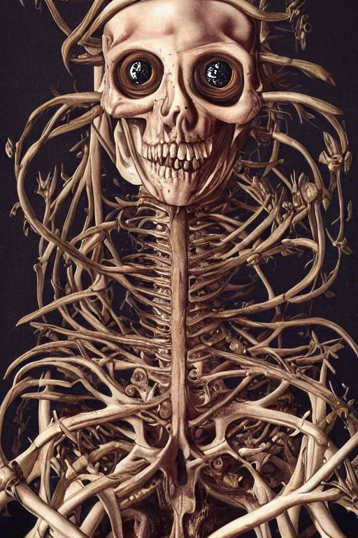 Image similar to Detailed maximalist portrait with large lips and large eyes, angry, exasperated expression, botanical skeleton, extra flesh, HD mixed media, 3D collage, highly detailed and intricate, surreal illustration in the style of Caravaggio, dark art, baroque