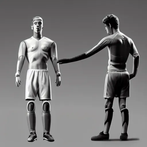 Image similar to a realistic detailed photo of a guy who is an attractive humanoid who is half robot and half humanoid, who is a male android, attractive and handsome soccer players, shiny skin, posing like a statue, blank stare, in a factory, on display, showing off his muscles, wearing soccer shorts, side view, looking at each other mindlessly