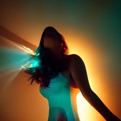 Image similar to photo of a beautiful woman lit from below with turquoise light and from above with golden orange light in the style of mandy moores in my pocket music video