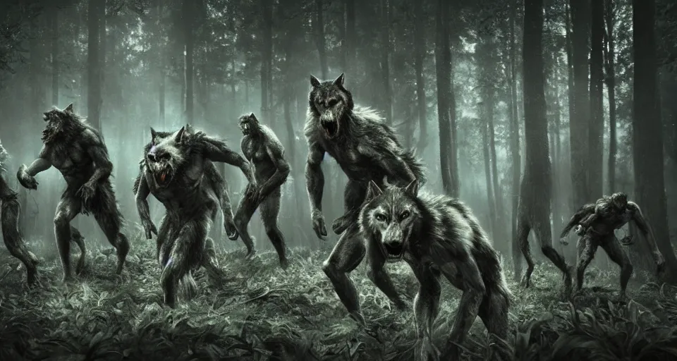 Image similar to an epic action photorealistic masterpiece of a pack of werewolves, in a forest made of nightmares, horrific digital art, extremely moody lighting, style of chippy