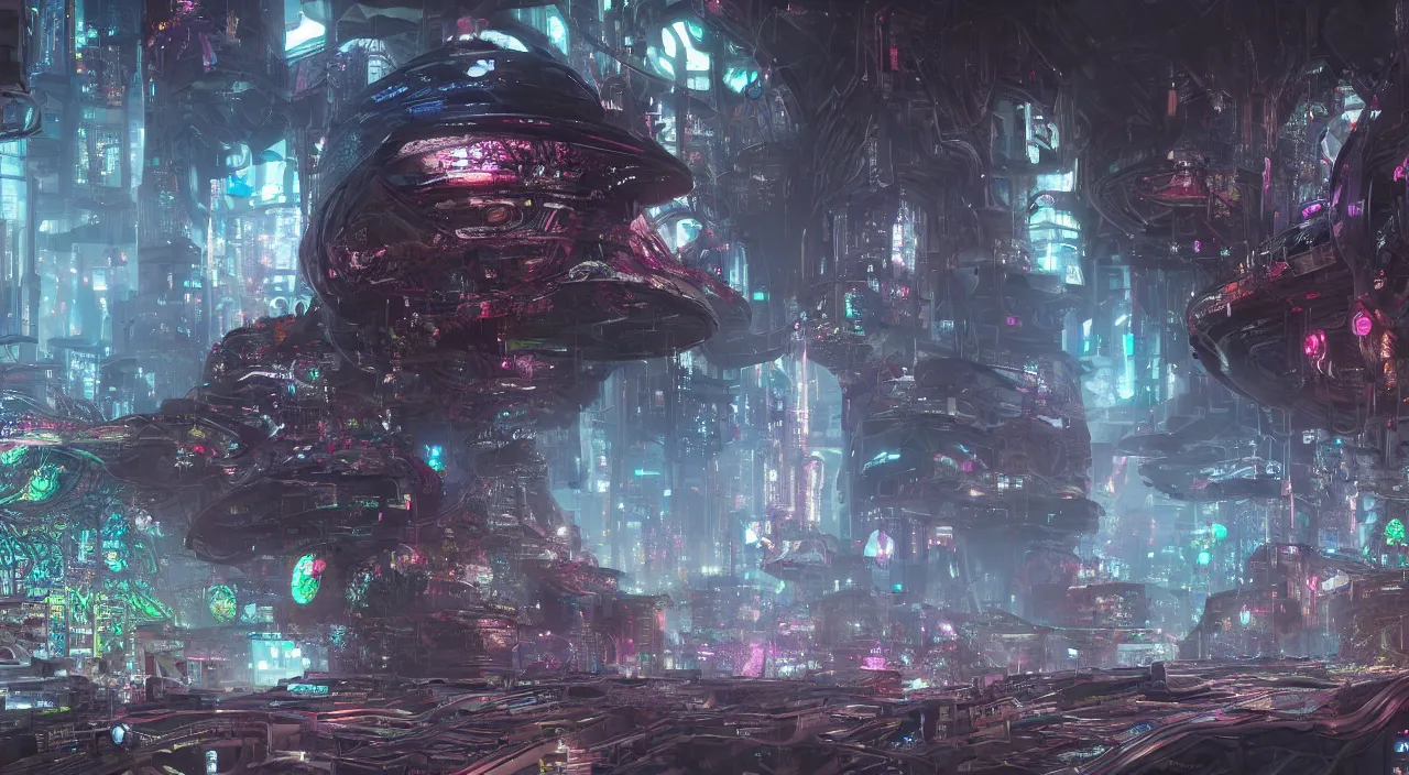 Image similar to biophilic cyborg with psychedelic eyes in a cyberpunk landscape, ultra realistic, concept art, intricate details, highly detailed, photorealistic, octane render, 8 k