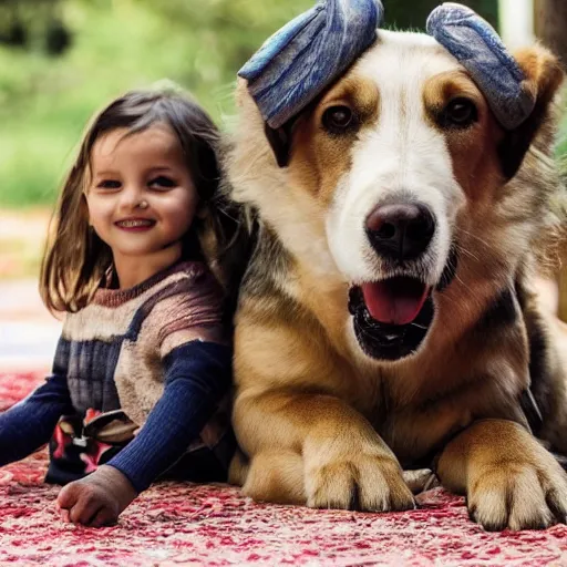 Prompt: a cute dog sitting next to a family