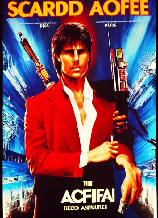 Image similar to the movie poster of scarface with tom cruise, high quality, studio photography, colourful, hero, 1 9 8 8, heroic, beautiful