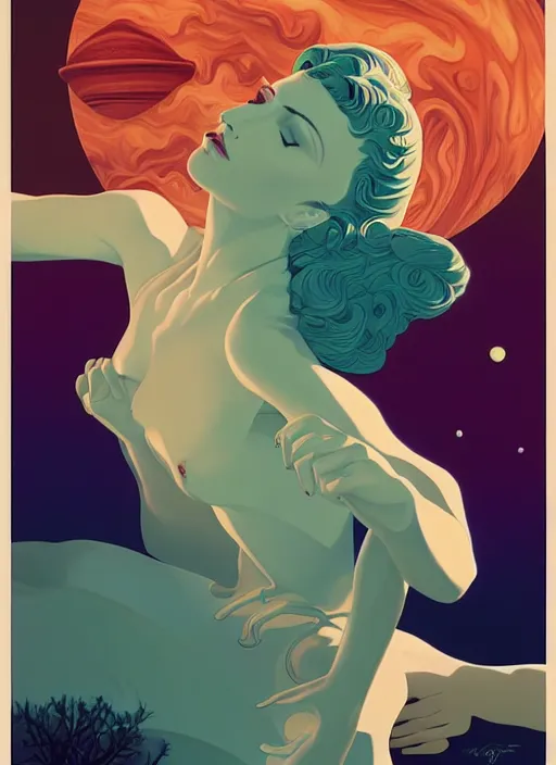 Image similar to poster artwork by michael whelan and tomer hanuka, portrait of beautiful sensual dancer in the clouds of jupiter, clean, art deco