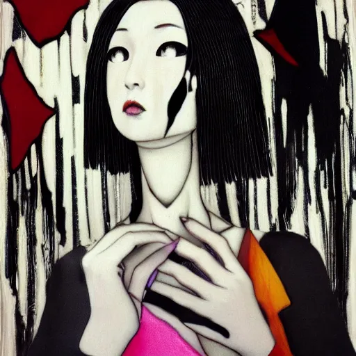 Image similar to yoshitaka amano blurred and dreamy realistic three quarter angle portrait of a young woman with black lipstick and black eyes wearing dress suit with tie, junji ito abstract patterns in the background, satoshi kon anime, noisy film grain effect, highly detailed, renaissance oil painting, weird portrait angle, blurred lost edges