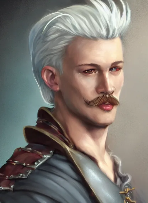 Image similar to tristan fulcher livedoce young man with short white fringe white hair and moustache, dndbeyond, bright, colourful, realistic, dnd character portrait, full body, pathfinder, pinterest, art by ralph horsley, dnd, rpg, lotr game design fanart by concept art, behance hd, artstation, deviantart, hdr render in unreal engine 5