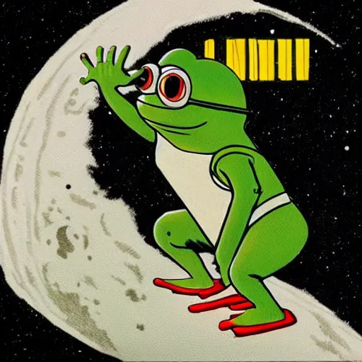 Image similar to pepe the frog landing on the moon by norman rockwell