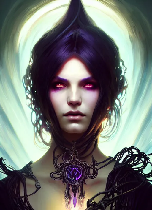 Image similar to Necromancer Sorceress, fantasy magic, undercut hairstyle, dark light night, intricate, elegant, sharp focus, illustration, highly detailed, digital painting, concept art, matte, art by WLOP and Artgerm and Greg Rutkowski and Alphonse Mucha, masterpiece