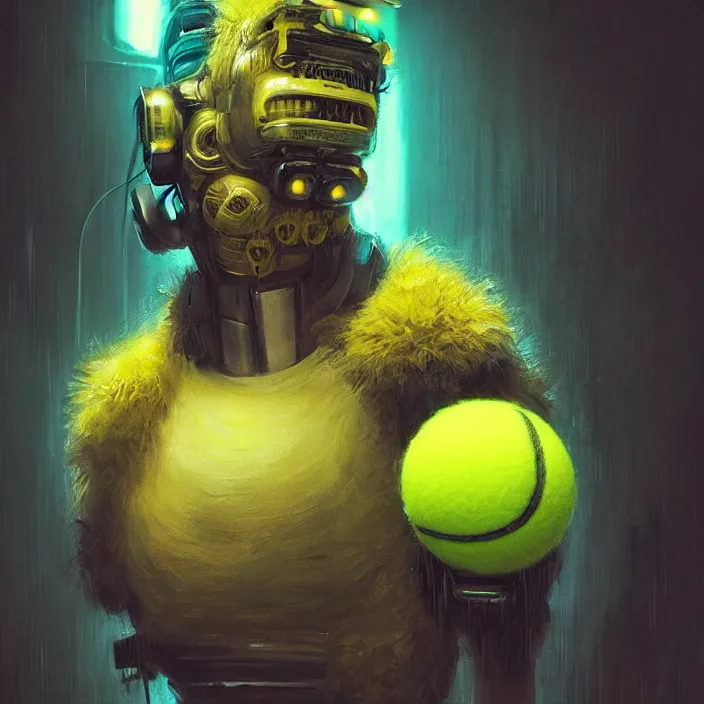 Image similar to cinematic portrait of a cute tennis ball monster, cyberpunk, bladerunner, chalk, masterpiece, trending on artstation, featured on pixiv, cinematic composition, dramatic pose, beautiful lighting, sharp details, hyper - detailed, hd, hdr, 4 k, 8 k, art by basil gogos