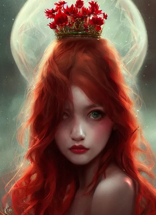 Prompt: a gorgeous flower princess portrait by WLOP, emerald eyes, red hair, digital painting, beautiful lighting, ominous, cgsociety