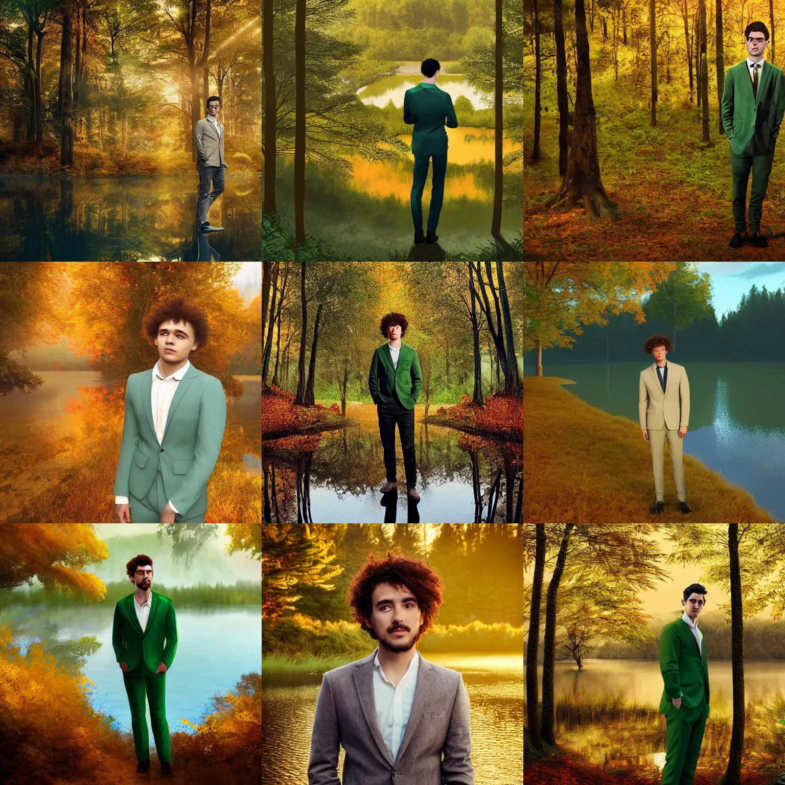 Prompt: A young man with green, curly hair wearing a cream suit standing before a lake in a forest, autumn, digital art, golden light, ArtStation, 8K