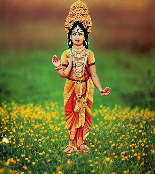 Image similar to hindu goddess standing looking at you at distance in beautiful meadow of flowers, film photo