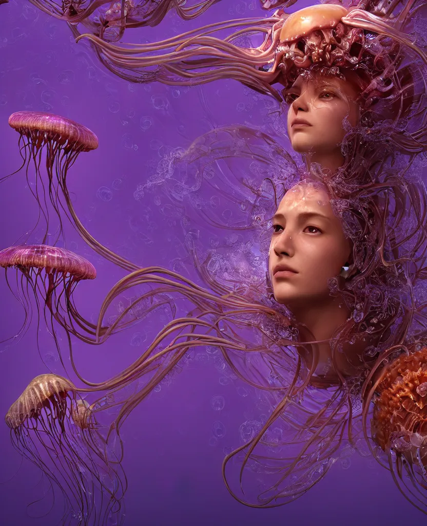 Image similar to close-up portrait of the face of a beautiful princess in a twisted flowers orchid jellyfish mask surrounded by energy flow, epic angle and pose, symmetrical artwork, 3d with depth of field, blurred background, floating jellyfish skull phoenix bird, translucent, nautilus, energy flows of water and fire. a highly detailed epic cinematic concept art CG render. made in Maya, Blender and Photoshop, octane render, excellent composition, cinematic dystopian brutalist atmosphere, dynamic dramatic cinematic lighting, aesthetic, very inspirational, arthouse. y Greg Rutkowski, Ilya Kuvshinov, WLOP, Stanley Artgerm Lau, Ruan Jia and Fenghua Zhong