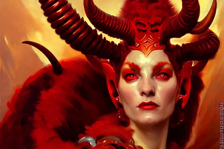 Image similar to painted close - up portrait of a very attractive red - skinned intimidating demon alien queen with ram horns! oil painting, wearing a noblewoman's outfit, fantasy art by john singer sargent and gaston bussiere and james jean and greg rutkowski, demon noble character design, hd