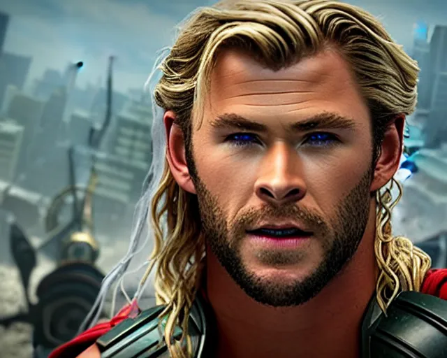 Image similar to Chris Hemsworth as thor wearing drag queen makeup, gay parada background, cinematic shot, 8k resolution, hyper detailed