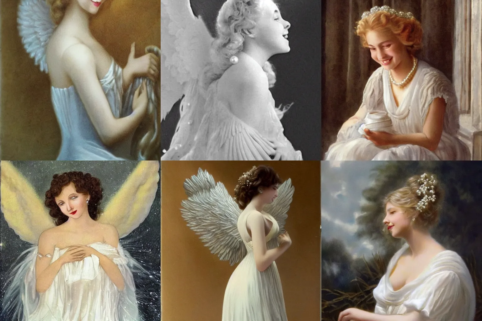 Prompt: the angel's smile was so sweet and gentle. her hair cascaded over her shoulders as if it were spun from gold ; she wore a white dress made pearls and the finest silk.