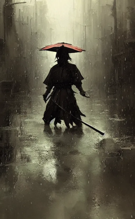 Image similar to samurai in rain, arcane, by fortiche, by greg rutkowski, esuthio, craig mullins, wlop