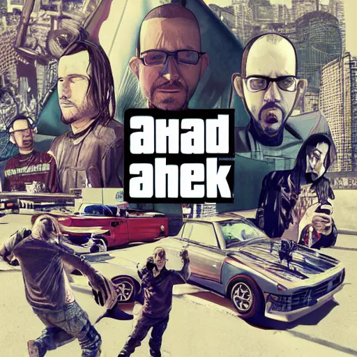 Image similar to Linkin Park in GTA V, cover art by Stephen Bliss, artstation