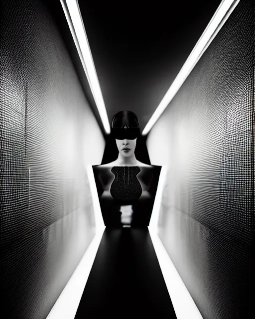 Image similar to black and white high quality photo of a female AI-queen-dragon-meshes-cyborg looking into a sci-fi mirror, volumetric lighting, brutalism, foggy, dreamy, hyperdetailed, bokeh, photorealistic, cinematic, masterpiece, elegant, dark, by Man Ray in the style of Horst P. Horst, octane render, 8K,