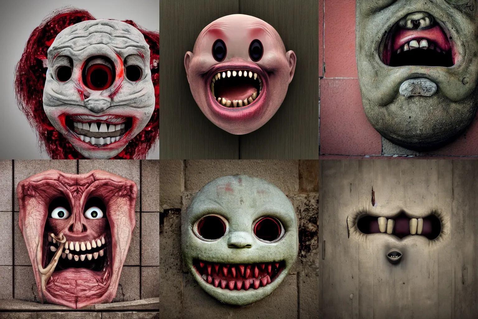 Prompt: wall with protruding eyes, teeth, teeth, skin, blood, teeth, hair, teeth, teeth, horror, creepy, realistic