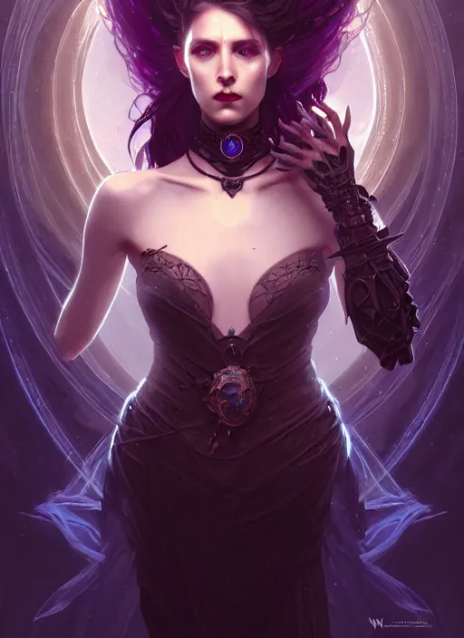 Image similar to a beautiful cinematic female Necromancer Sorceress, galatic shamen with Quantum energy fantasy, fantasy magic, undercut hairstyle, dark light night, intricate, elegant, sharp focus, illustration, highly detailed, digital painting, concept art, matte, art by WLOP and Artgerm and Greg Rutkowski and Alphonse Mucha, masterpiece