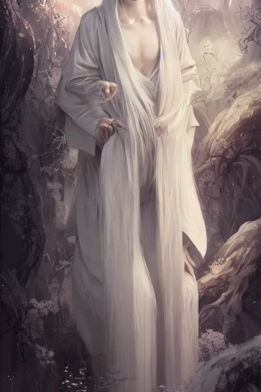 Prompt: white haired robe fu xi full body portrait, very long white beard and hair, fine delicate prefect face features gaze, aerith gainsborough, elegant, smooth, sharp focus, masterpiece, style of tom bagshaw, cedric peyravernay, peter mohrbacher, victo ngai, pinterest, 4 k hd illustrative wallpaper, animation style, chinese style