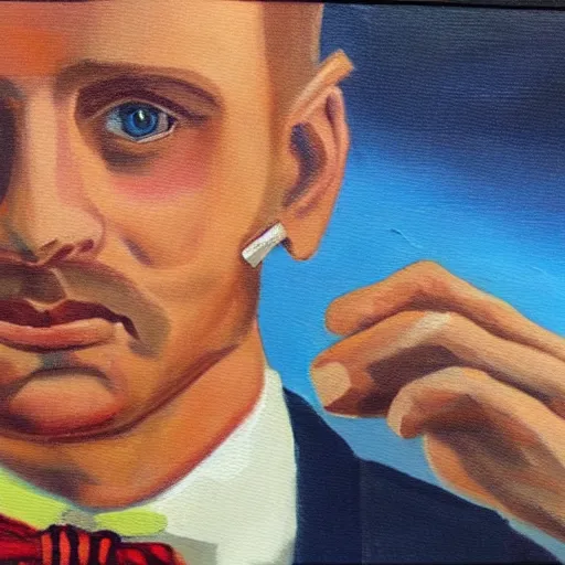 Prompt: a close - up canvas painting of a realistic irish man with a fade haircut, lighting a cigar, wearing a suit, bowtie, and ring