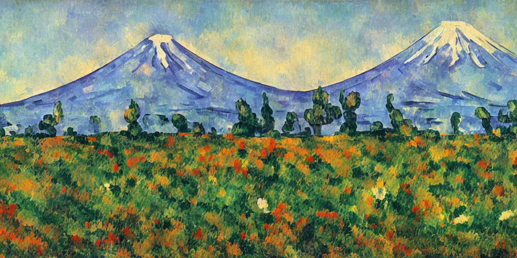 Prompt: Field of mixed flowers, Mount Fuji blurred in the background, good news on Sunday, Cézanne style,XIXth century painting with gold frame