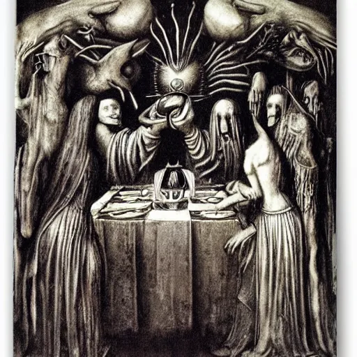 Image similar to last dinner da vinci by Rudolf Giger;