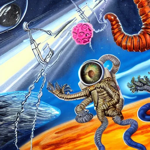 Image similar to wizard astronaut vs giant magic immune kraken 4 k ultra detailed ray traced hyperrealistic photorealism drawn by gary gigax and shivah destroyer of worlds