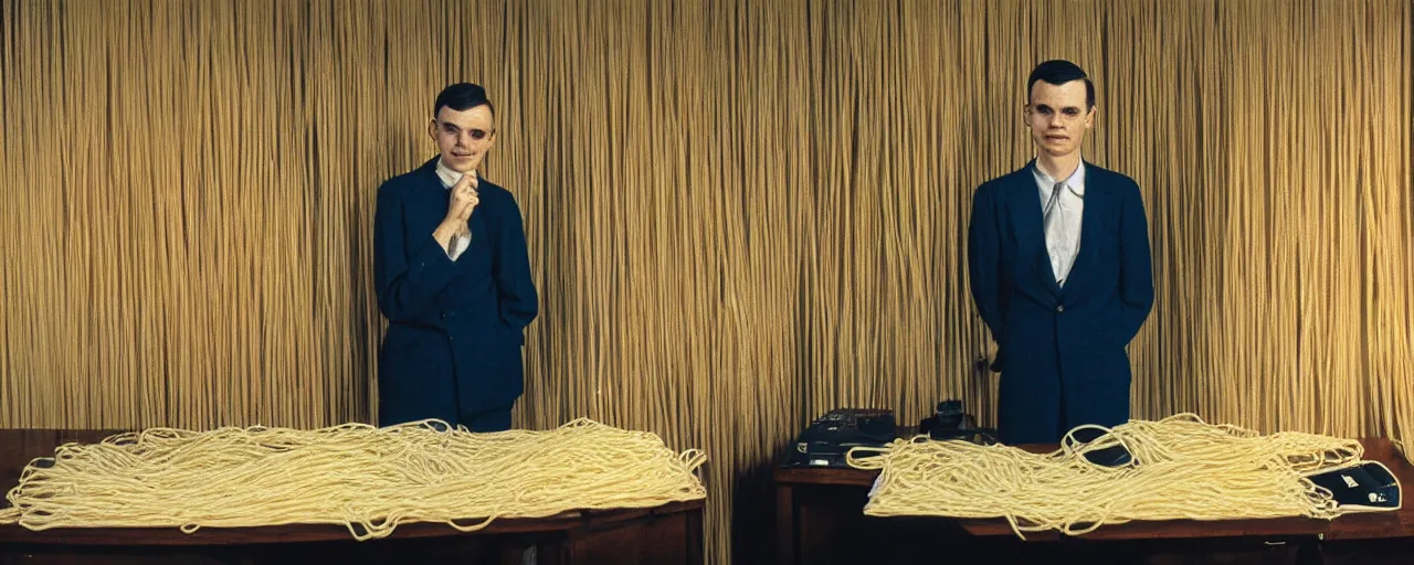 Prompt: alan turing proudly standing in front of his computer made out of spaghetti, canon 5 0 mm, cinematic lighting, photography, retro, film, kodachrome