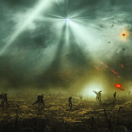 Image similar to bloody war scene, explosions, soldiers running, fog, sun beams, no text, painting style