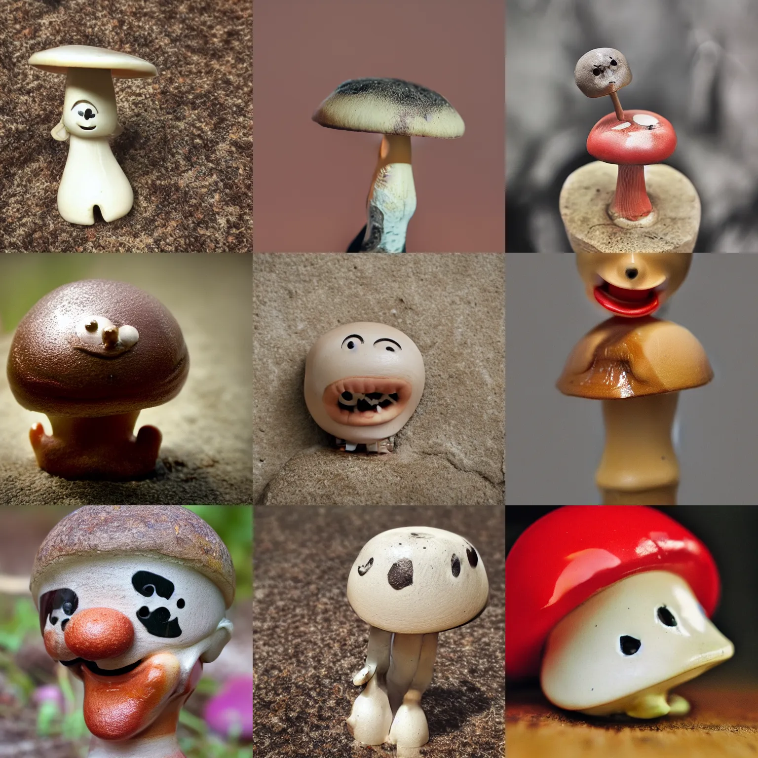 Prompt: anthropomorphic smiling mushroom figurine, creepy macro photo