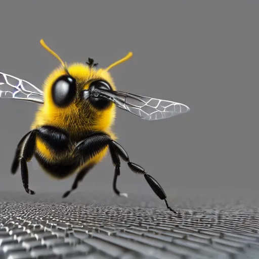 Prompt: 3 d render of a bee, close up shot, blurry background
