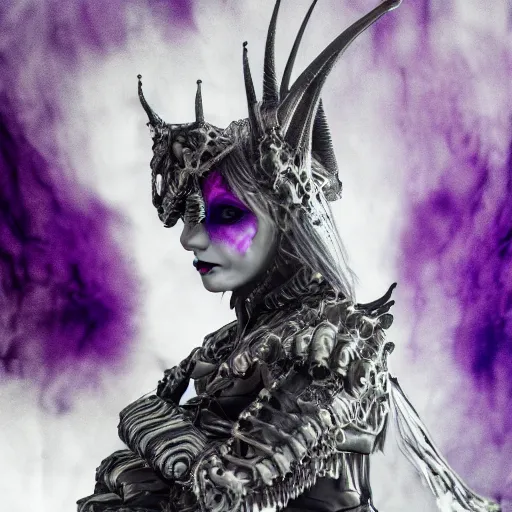 Prompt: actionism, soft painting fractal curiosities carnival, a single beautiful female in full gothic armor riding a biomechanical wolf mutation, accurate features, focus, very intricate ultrafine details, black white purple volumetric clouds, award winning masterpiece, octane render 8 k hd