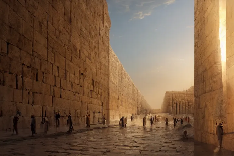 Prompt: the western wall made out of steel, matte painting, long shot, concept art, wide shot, digital art, trending on artstation, 4 k, extremely detailed, realistic, midday, warm colors, golden sunlight, by greg rutkowski, cinematic, epic