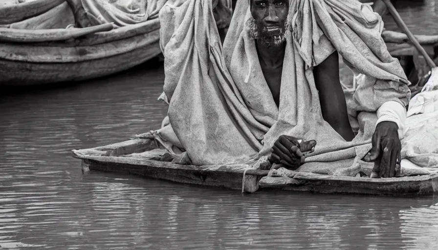 Prompt: movie still by djibril diop mambety of a man in flesh drapery in a barque on a river, leica sl 2 5 0 mm, heavy grain, high quality, high detail