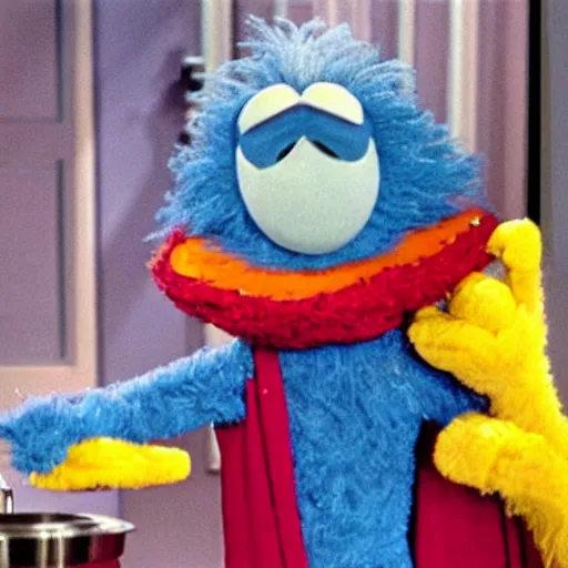 Prompt: Dr Manhattan on sesame Street laughing with big bird, cartoon