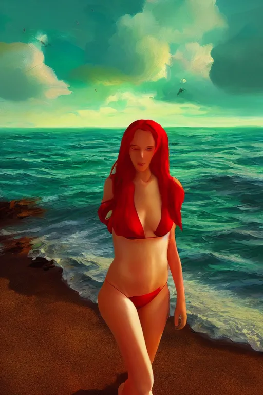 Image similar to red haired girl, green bikini, beach surreal photography, sunrise, dramatic light, impressionist painting, colorful clouds, digital painting, artstation, simon stalenhag raytracing